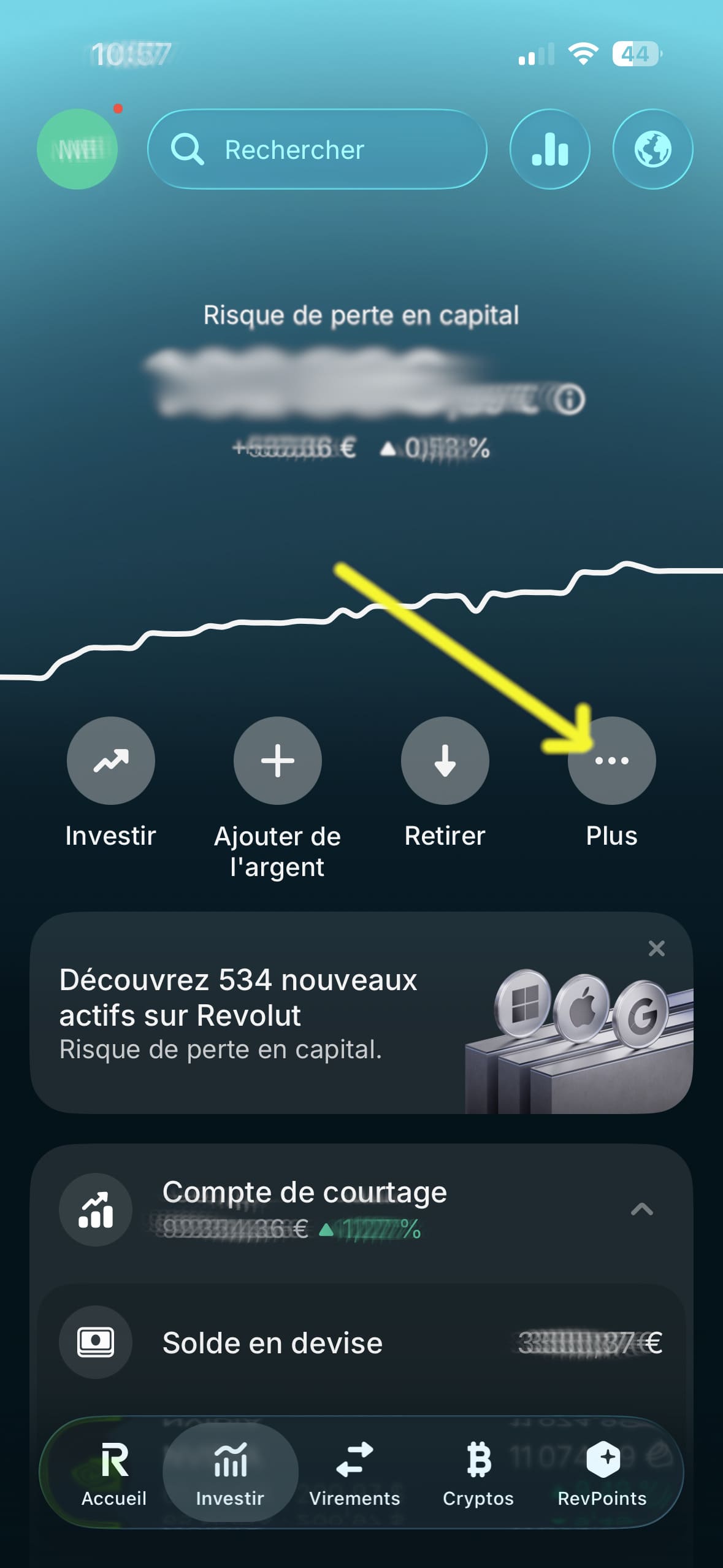 Onglet Investir puis bouton Plus